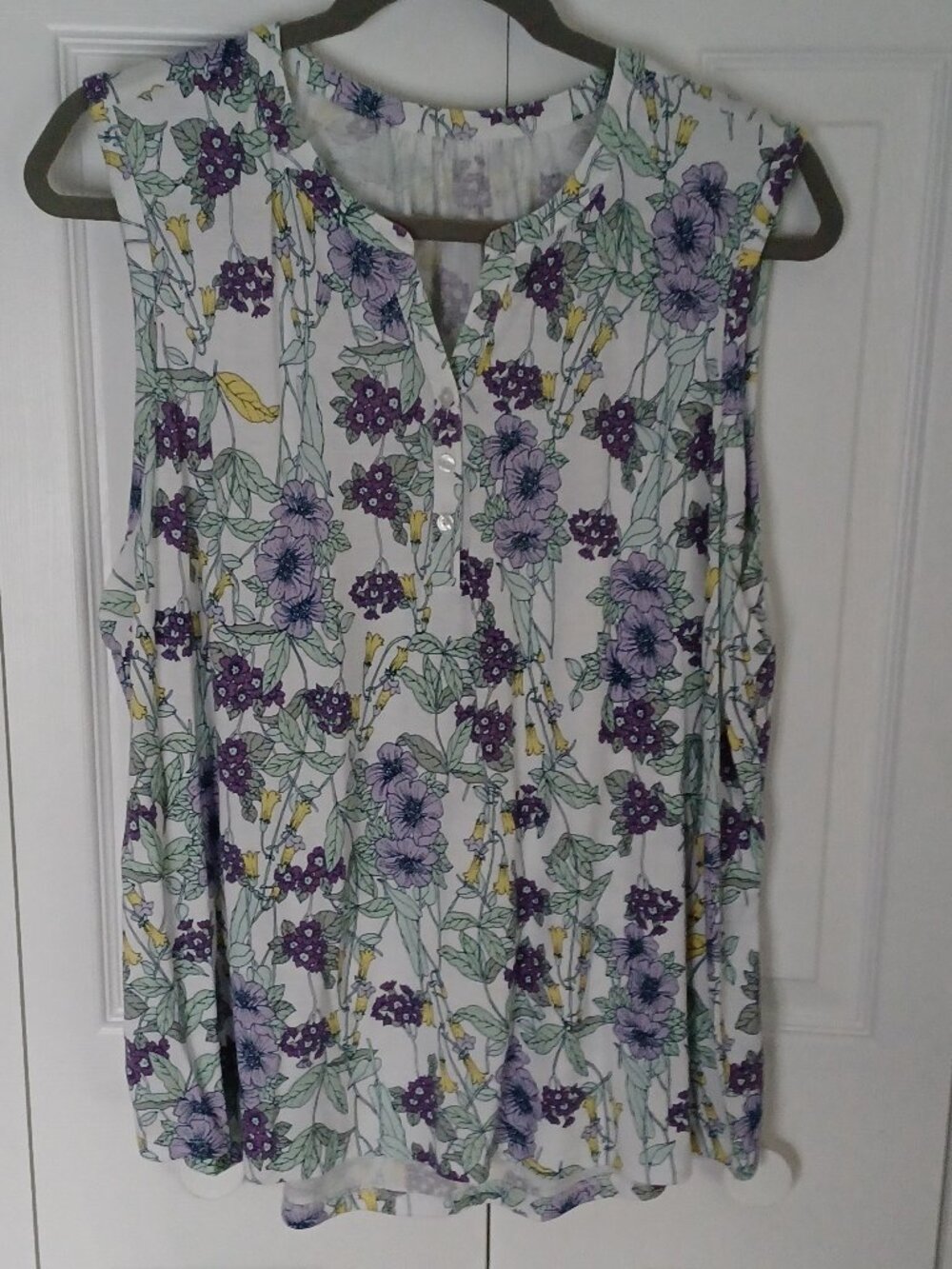 Sleeveless Floral V-Neck Top with Purple, Lavender, Yellow Flowers